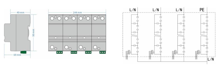 OSPD 404 dimensions and internal circuit diagram — four-pole module